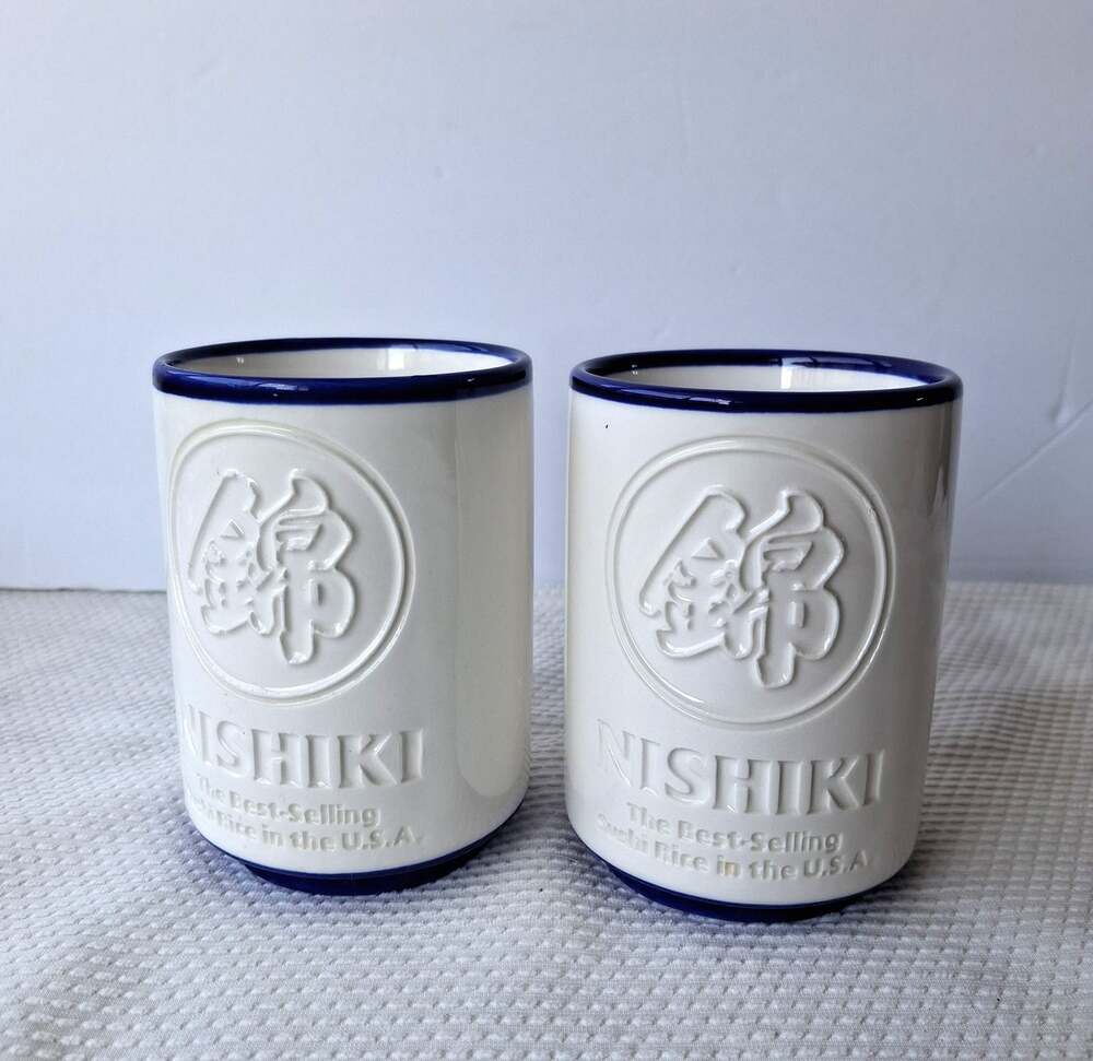 Vtg 95 Nishiki Sushi Rice Promo Yunomi Tea Cups Set of 2 White Cobalt Blue Japan